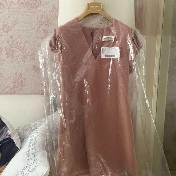 Brand new NBW Miu Miu Gather Sleeve Mini Dress in Antique Pink, Size 44 IT - Picture 2 of 4